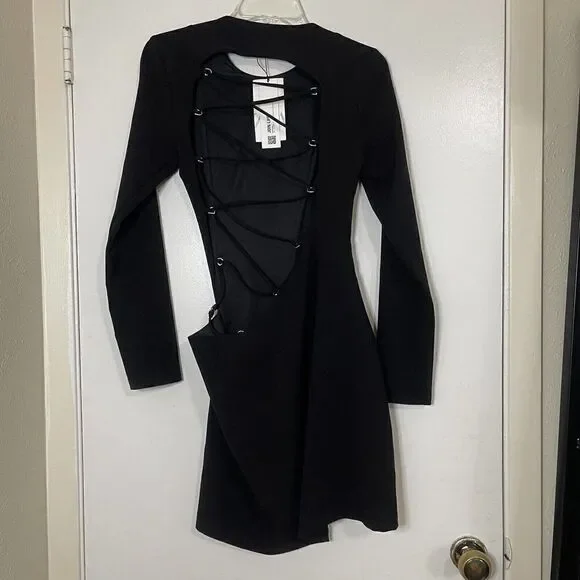 NEW! ZARA black long sleeve lace up asymmetrical mini dress size Small - Picture 4 of 7